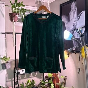 RUSS Emerald Green Velvet V Neck Rhinestone Pocket Long Sleeve Top Women's Large